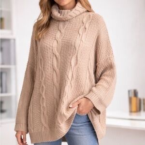 Alpaca Wool Blend Oversized Cable Knit Turtleneck Sweater | Cozy Neutral
